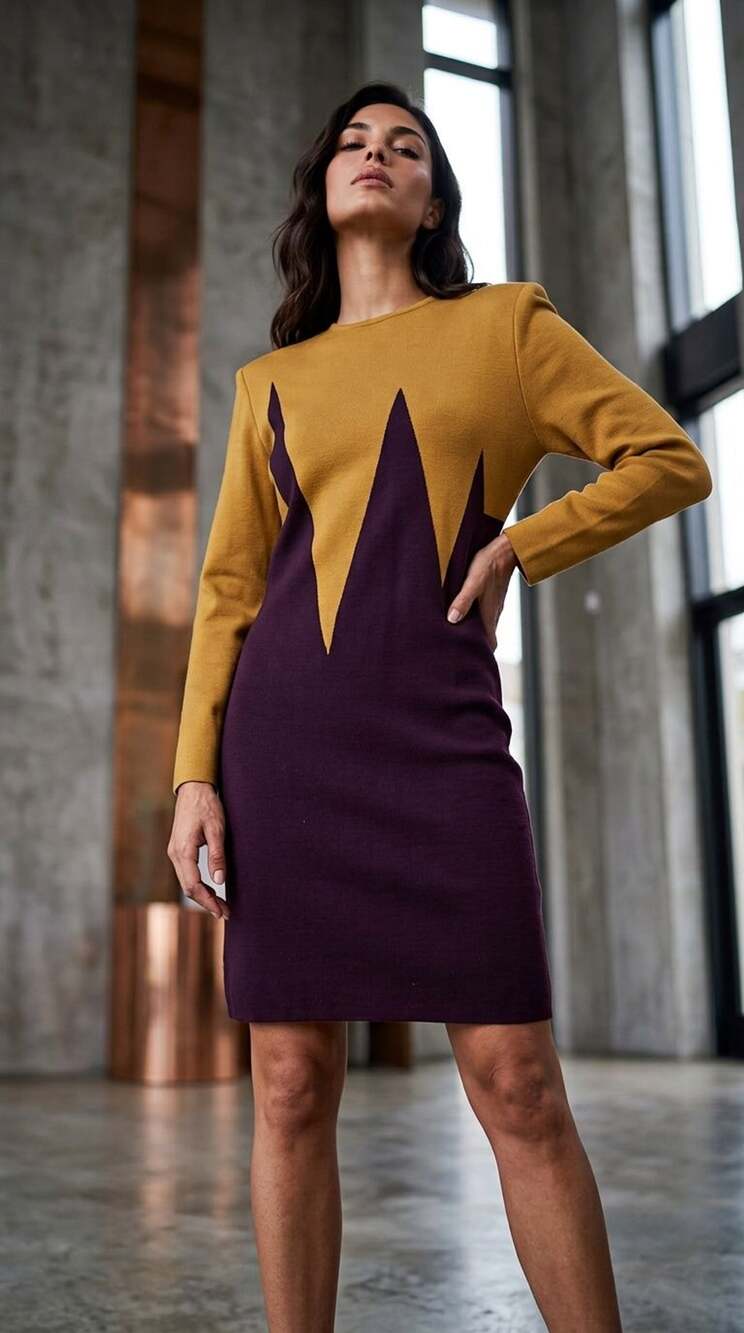 Vintage Color Block Long Sleeve Dress Size S Yellow Purple